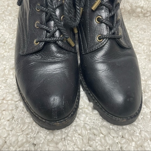 𝅺JOIE Black Leather Lacy Up Chunky Heeled Combat Boots 37 - Picture 5 of 10